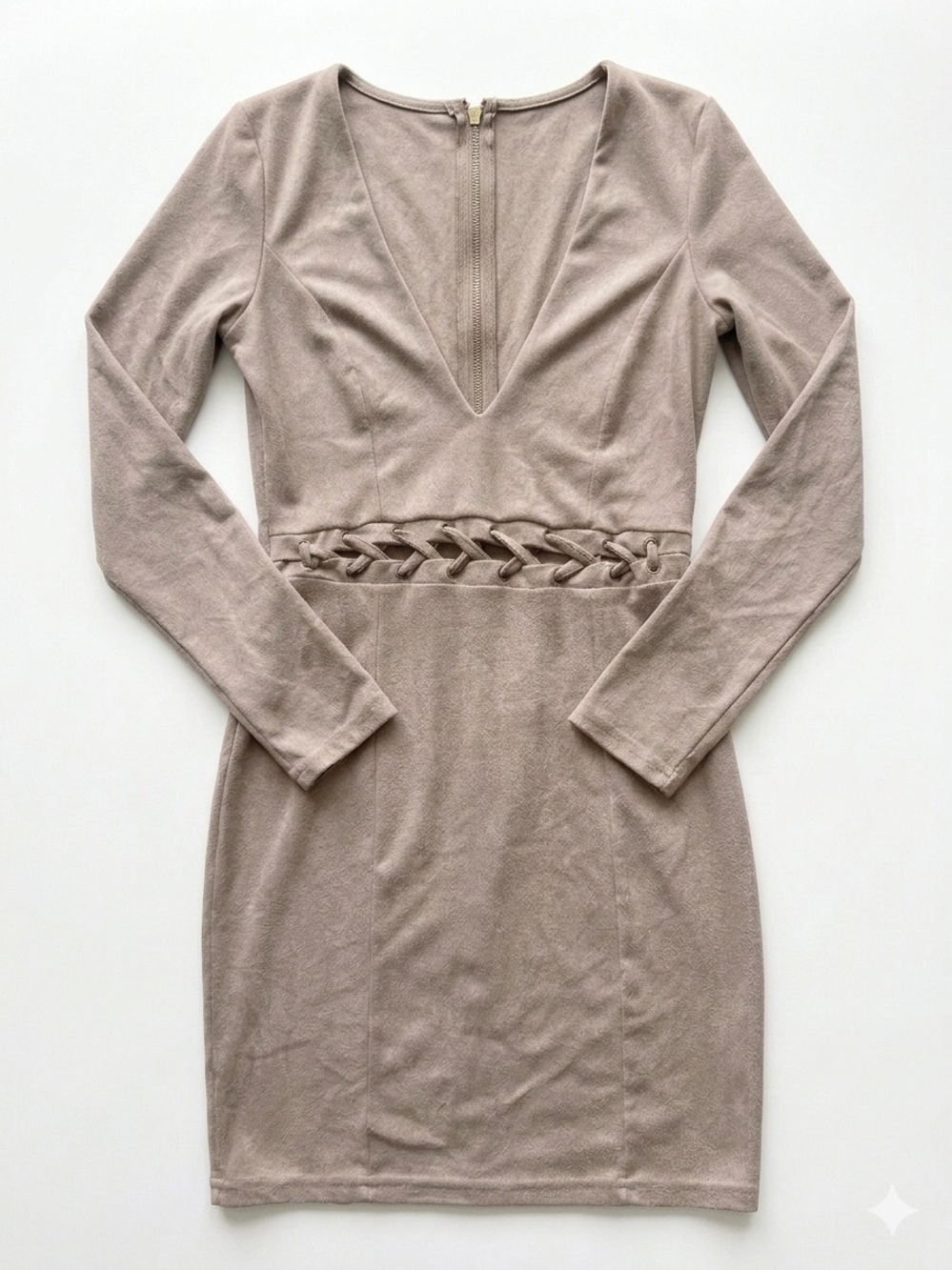 Forever 21 Faux Suede Lace Up Waist Mini Dress Taupe Brown Long Sleeve Women’s S